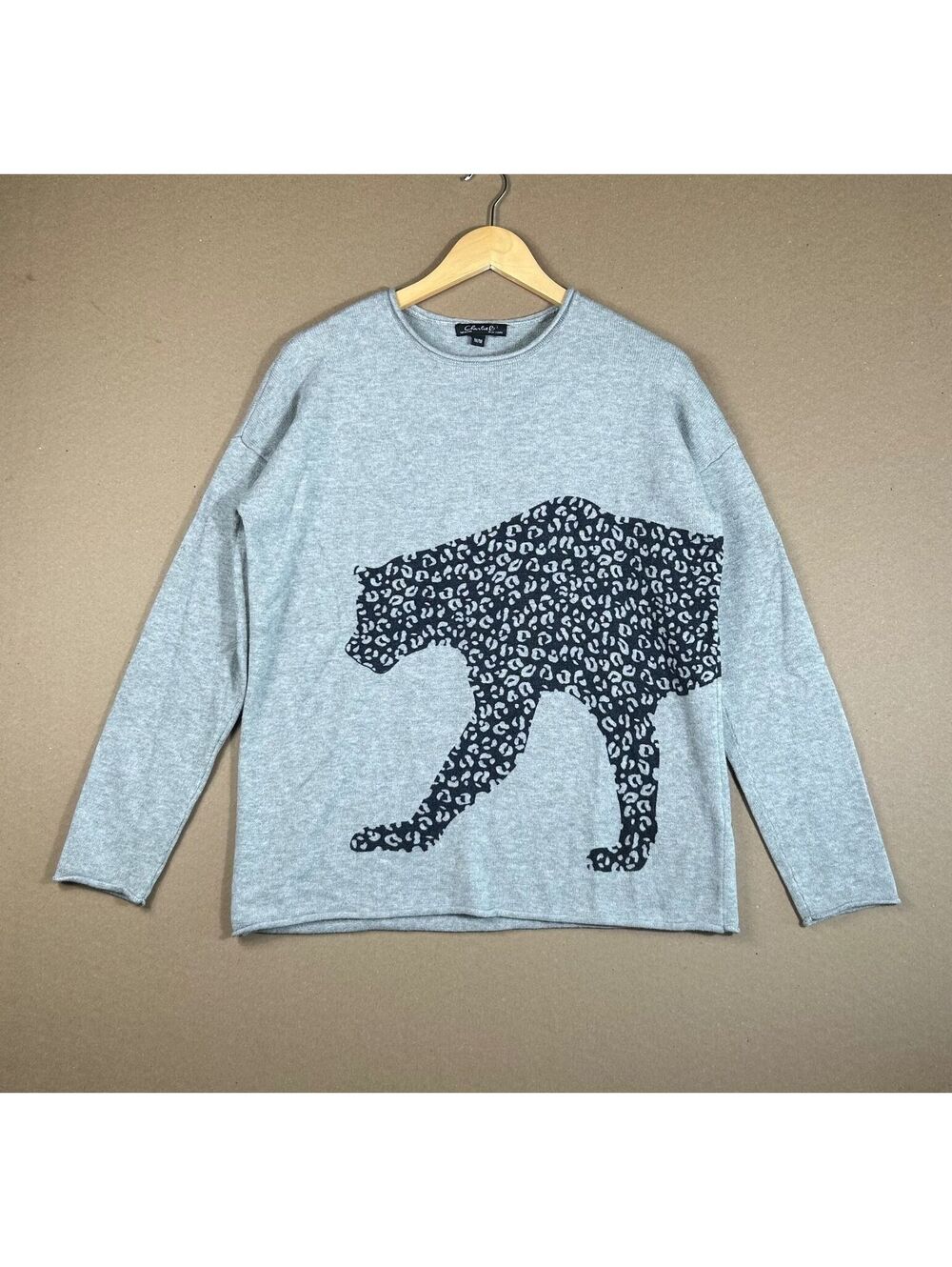 Charlie B Gray Leopard Graphic Pullover Knit Sweater Size M Modern Casual